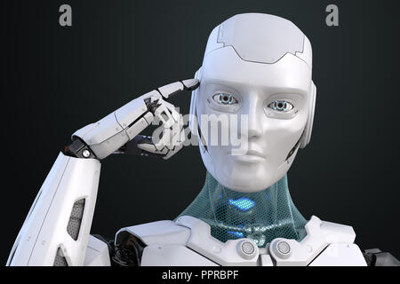 Roboter hält einen Finger in der Nähe des Kopfes. 3D illustration