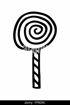 Freehand Illustration einer Spirale Lollipop. Schwarzen umrissen auf weißem Hintergrund. Stock Vektor