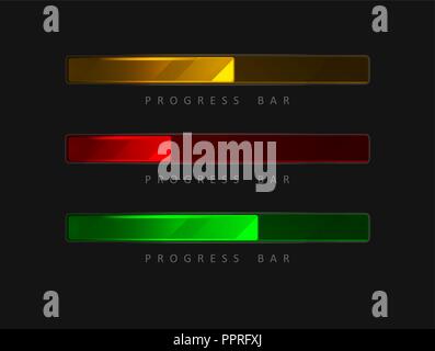 Satz von 3 bunte, helle Fortschrittsbalken in verschiedenen Farben auf einem schwarzen Hintergrund. Stock Vektor