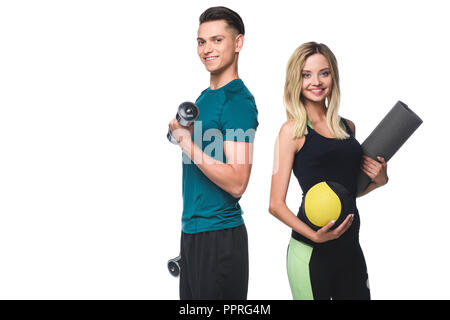 Junge passen Paar mit verschiedenen Geräten an Kamera isoliert auf weißem suchen Stockfoto