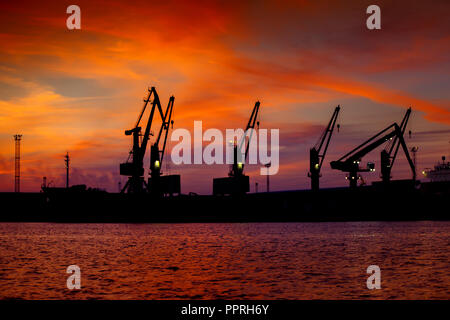 Blick auf den Seehafen mit Krane bei Sonnenuntergang. Abend Panorama der Cargo port Stockfoto