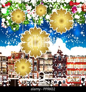 Weihnachten Schneeflocken vor dem Hintergrund der verschneiten Straßen. Grüne Zweige der Weihnachtsbäume mit Weihnachtskugeln und Süßigkeiten eingerichtet. Weihnachten Stock Vektor