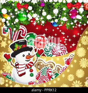 Schneemann auf dem Hintergrund der Süßigkeiten, dekorierten Weihnachtskugeln Filialen. Hintergrund rot und gold Schichten, mit Schneeflocke Mustern. Weihnachten Stock Vektor
