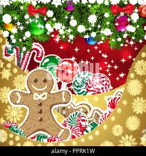 Gingerbread Man auf dem Hintergrund der Süßigkeiten, dekorierten Weihnachtskugeln Filialen. Hintergrund rot und gold Schichten, mit Schneeflocke Mustern. Ch Stock Vektor