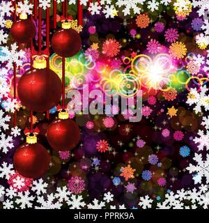 Weihnachten Kugeln. Abstrakte farbenfrohe Kreise und Schneeflocken auf einem dunklen Hintergrund. Stock Vektor