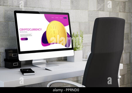 3D-Rendering der industriellen Arbeitsbereich, cryptocurrency auf Bildschirm. Alle Grafiken sind. Stockfoto