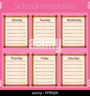 Vorlage Schule Zeitplan für Studenten oder Schüler. Vector Illustration umfasst viele Hand gezeichneten Elemente von Schulmaterial und schiefertafel Hintergrund s Stock Vektor