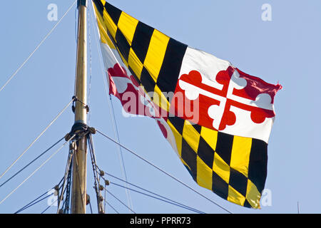 Mast Der Pride of Baltimore II Tall Ship Die offizielle Flagge des Staates Maryland günstig im Bayfront Park Festival. Duluth, Minnesota, MN USA Stockfoto