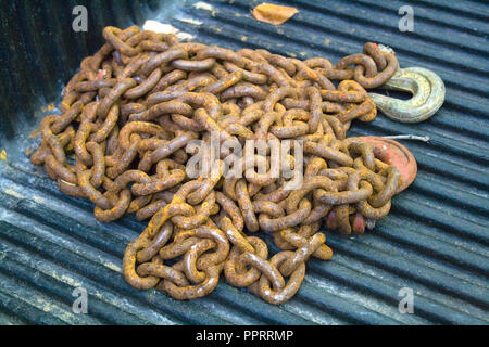 Schwere Kette im Bett von einem Pickup lügen Verrostet. Cumberland Wisconsin WI USA Stockfoto