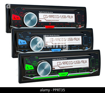 Satz farbiger Auto Digital Media Receiver, 3D-Rendering auf weißem Hintergrund Stockfoto