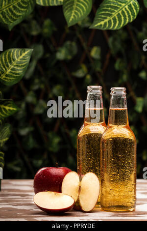 Zwei Flaschen kühles Apfelwein trinken stehen in der Nähe der Schüssel mit geflochtenen Reife äpfel auf dem Tisch im Garten Stockfoto