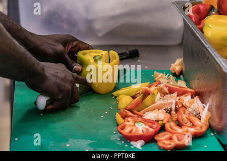 Junge, politischer Flüchtling, entkam aus Afrika mit dem Boot. Dort Anerkennung und Arbeit in Europa. Veganes Restaurant, Koch Auszubildender, raw-Diät, Lieferservice Stockfoto