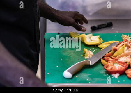 Junge, politischer Flüchtling, entkam aus Afrika mit dem Boot. Dort Anerkennung und Arbeit in Europa. Veganes Restaurant, Koch Auszubildender, raw-Diät, Lieferservice Stockfoto