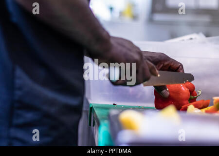 Junge, politischer Flüchtling, entkam aus Afrika mit dem Boot. Dort Anerkennung und Arbeit in Europa. Veganes Restaurant, Koch Auszubildender, raw-Diät, Lieferservice Stockfoto