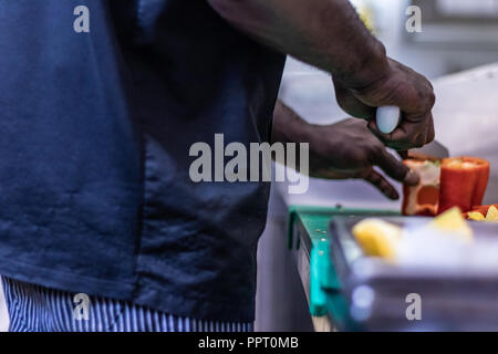 Junge, politischer Flüchtling, entkam aus Afrika mit dem Boot. Dort Anerkennung und Arbeit in Europa. Veganes Restaurant, Koch Auszubildender, raw-Diät, Lieferservice Stockfoto