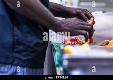 Junge, politischer Flüchtling, entkam aus Afrika mit dem Boot. Dort Anerkennung und Arbeit in Europa. Veganes Restaurant, Koch Auszubildender, raw-Diät, Lieferservice Stockfoto