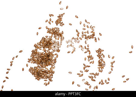 Menge ganze Frische braune flaxseeds flatlay auf weißem Hintergrund Stockfoto