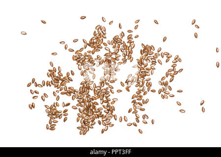 Menge ganze Frische braune flaxseeds flatlay auf weißem Hintergrund Stockfoto