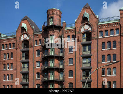 Hamburg, Speicherstadt zwischen 1883 und 1927 errichtet, Speicherblock W, Fassade zum Wandrahmfleet Stockfoto