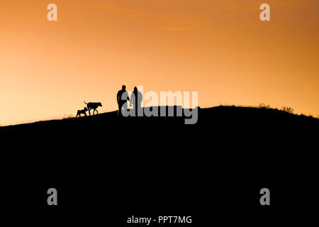 Hund Spaziergänger in Silhouette gegen einen intensiven Sonnenuntergang auf Osten Pentire in Newquay in Cornwall gesehen. Stockfoto