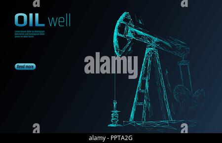 Öl gut Rig juck Low Poly Geschäftskonzept. Finanzen Wirtschaft polygonalen Benzin Produktion. Petroleum Kraftstoffindustrie pumpjack Ladebäumen Pumpen bohren Point Line Verbindung Dots blau Vector Illustration Stock Vektor