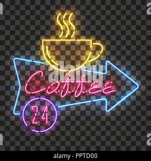 Leuchtende und strahlende neon Kaffee anmelden Pfeil Rahmen. Stock Vektor