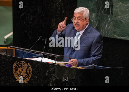 New York, USA, 27. September 2018. Mahmud Abbas, Präsident der Palästinensischen Staat, Adressen der 73. Generalversammlung der Vereinten Nationen am UN-Hauptquartier in New York City. Foto von Enrique Shore Credit: Enrique Ufer/Alamy leben Nachrichten Stockfoto