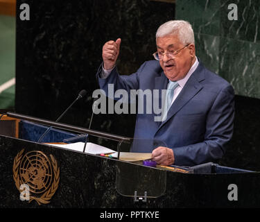 New York, USA, 27. September 2018. Mahmud Abbas, Präsident der Palästinensischen Staat, Adressen der 73. Generalversammlung der Vereinten Nationen am UN-Hauptquartier in New York City. Foto von Enrique Shore Credit: Enrique Ufer/Alamy leben Nachrichten Stockfoto