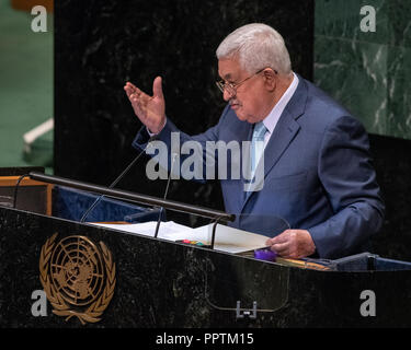 New York, USA, 27. September 2018. Mahmud Abbas, Präsident der Palästinensischen Staat, Adressen der 73. Generalversammlung der Vereinten Nationen am UN-Hauptquartier in New York City. Foto von Enrique Shore Credit: Enrique Ufer/Alamy leben Nachrichten Stockfoto