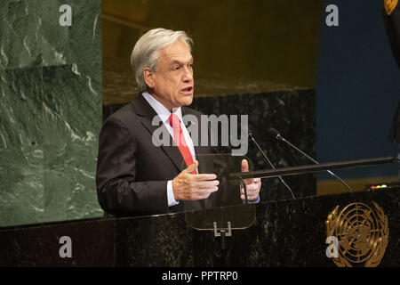 New York, NY, USA. 27 Sep, 2018. SEBASTIAN PINERA ECHENIQUE, Präsident von Chile, in einer Rede vor der Generalversammlung der Vereinten Nationen Allgemeine Aussprache bei den Vereinten Nationen in New York City, New York am 27. September 2018 Quelle: Michael Brochstein/ZUMA Draht/Alamy leben Nachrichten Stockfoto