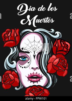 Weibliches Gesicht mit toten Schädel, rosa Blüten und spanische Wortlaut Dia de los Muertos Was bedeutet Tag der Toten. Mexikanische Holiday poster Design. Vecto Stock Vektor