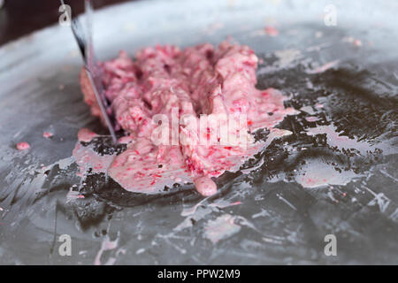 Vorbereitung von Rosa gebratenes Eis Rühren mit Erdbeer Stockfoto