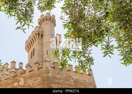 Almudaina Palast Außenwände mit Verteidigung Bastion gegen den blauen Himmel, Palma de Mallorca, Balearen, Spanien. Reiseziel Stockfoto