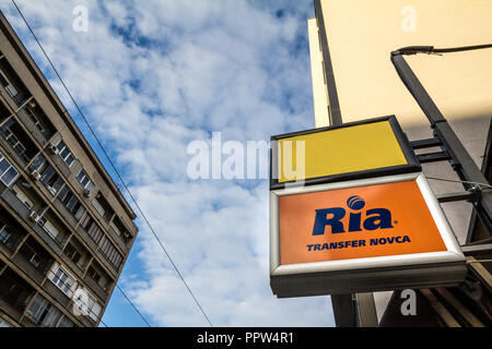 Belgrad, SERBIEN - September 27, 2018: Ria-Logo auf ihren wichtigsten Exchange Office für Belgrad. Ria ist eine US-amerikanische Finanzdienstleister spezialisiert Stockfoto