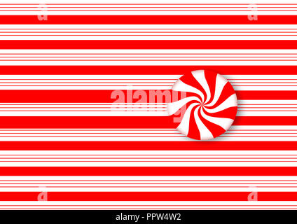Candy-Striped-Design mit wirbelnden roten und weißen Pfefferminzbonbons illustriert das Thema Weihnachtsfeiertage. Hintergrundbild. Stockfoto