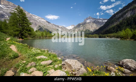 Der Lac de Derborence im Kanton Wallis in der Schweiz. Es liegt auf 1450 Meter in einer isolierten Valley und ist nicht ständig bewohnt Stockfoto