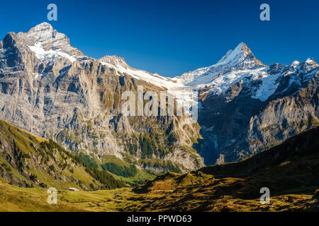 Sonne während der Wanderweg vom Ersten in Grindelwald (Berner Oberland, Schweiz). Sie haben eine tolle Aussicht auf Eiger, Mönch und Jungfrau. Stockfoto