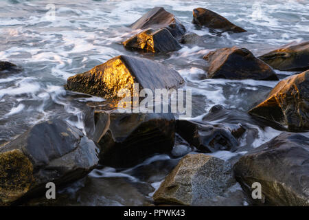 Tide zusammenhaengen Felsen am Strand am frühen Morgen während der Goldenen Stunde. Stockfoto