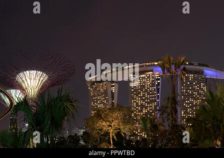 Supertrees Marina Bay und die Gärten an den Sonnenuntergang in der Bucht bei Nacht Stockfoto