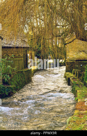 Fluss Windrush fließt in Bourton-on-the-Water, Gloucestershire, England. Stockfoto