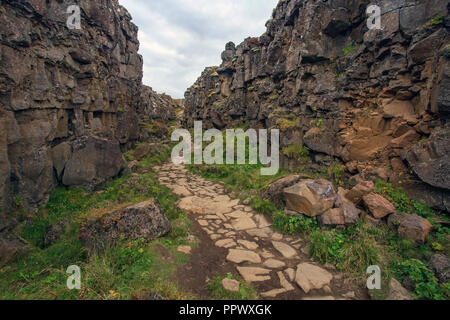 Ein Wanderweg in Þingvellir (Thingvellir Nationalpark in Island. Stockfoto