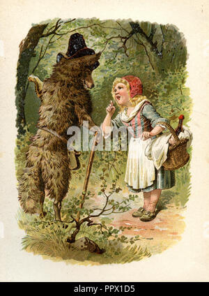 Rotkäppchen und der Wolf im Wald, Stockfoto