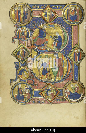Erstmalige B: David spielt die Harfe und David und Goliath; Paris, Frankreich; ca. 1250 - 1260; Tempera Farben, Blattgold und Tinte Stockfoto
