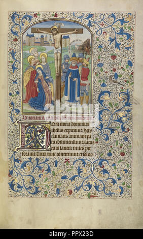 Die Kreuzigung; Willem Vrelant, Flämisch, gestorben 1481, Aktiv, 1454-1481, Brügge, Belgien; Anfang 1460 s; Tempera Farben, gold Stockfoto