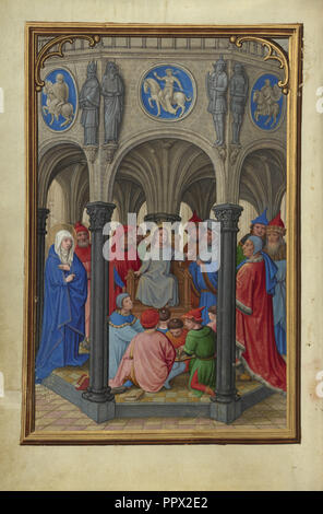 Der Streit im Tempel; Simon Bening, Flämisch, etwa 1483 - 1561, Brügge, Belgien; ca. 1525 - 1530; Tempera Farben, gold Stockfoto