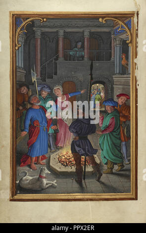 Die Verleugnung des Petrus; Simon Bening, Flämisch, etwa 1483 - 1561, Brügge, Belgien; ca. 1525 - 1530; Tempera Farben, gold Stockfoto