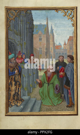 Josef von Arimathäa vor Pilatus; Simon Bening, Flämisch, etwa 1483 - 1561, Brügge, Belgien; ca. 1525 - 1530; Tempera Farben Stockfoto