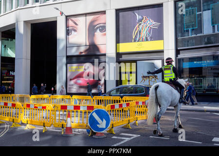 Ein paar Augen und einen montierten Stadt Polizisten am Fenchurch Street - im Herzen des Finanzbezirks der Hauptstadt (aka der Square Mile), am 25. September 2018 in London, England. Stockfoto