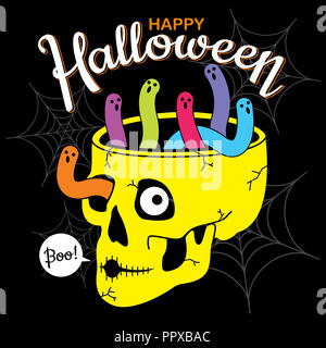 Happy Halloween Vektor. Bunt süß Wurm in Gelb cool skull Heads mit Sagen Buh und Cobweb um auf Happy Halloween text Banner auf Schwarz backgr Stockfoto