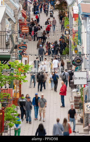 Masse der Touristen flanieren auf der Rue du Petit Champlain - ein berühmter Einkaufsstraße im historischen Viertel der Stadt, in der Altstadt von Quebec, Quebec City Stockfoto